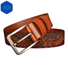 GENUINE LEATHER Brown Strap Embossed Dragon Print Mens Luxury Belt Pin Buckle