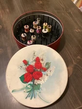 Vintage Metal Tin with 11 Wooden Spools of Thread