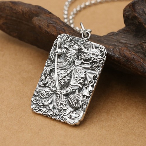 Solid S925 Sterling Silver Men Women Dragon Guangong Oblong Pendant 39-40g - Picture 4 of 6