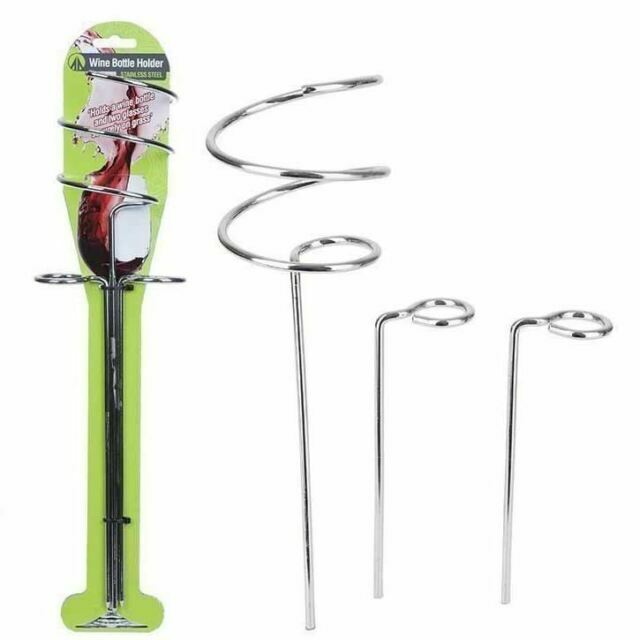 Metal Spiral Wine Bottle & 2 Glass Holder Ground Stake Camping Garden BBQ Picnic