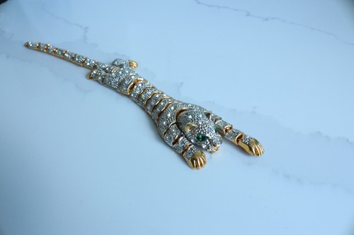 Vintage Articulating Panther Green Eye Crystal Pave Gold Tone Bracelet 7.5" - Picture 5 of 12
