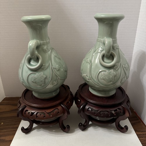 Antike gesungene Periode Celadon Vase, Dose. 1900-1929 mit Ständen Reben - Bild 2 von 9
