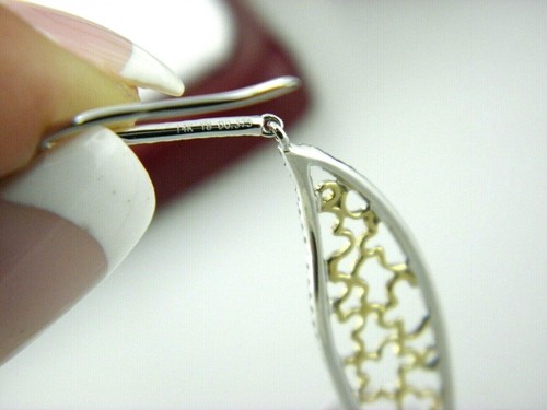 Lace Leaf Drop Dangle Diamond Earrings Two Tone in 14k White & Yellow Gold - Picture 11 of 11