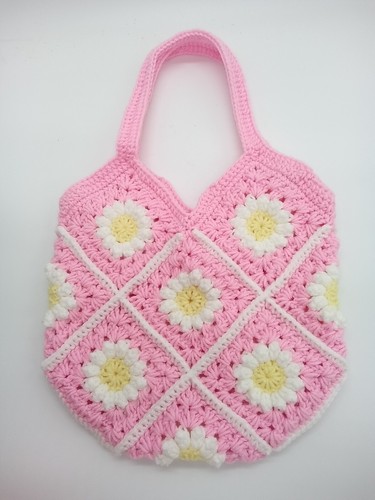 Handmade Crochet Granny Squares Shoulder tote Bag Purse Pink Daisy New - Picture 4 of 5