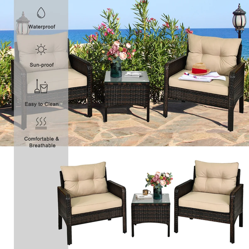 3PCS Patio Outdoor Rattan Furniture Set Brown W/ Cushioned Chairs Coffee Table - Picture 7 of 12
