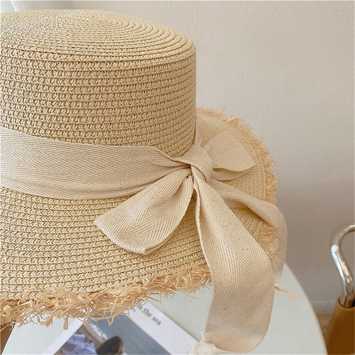 Women Elegant Bowknot Decorated Sun Hat for Women Girl Flat Top Beach Straw Hat - Picture 5 of 16