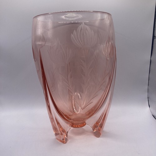 Vintage Art Deco Duncan and Miller Pink W/ Etched Poppy flowers, Rocket Vase - Picture 4 of 20