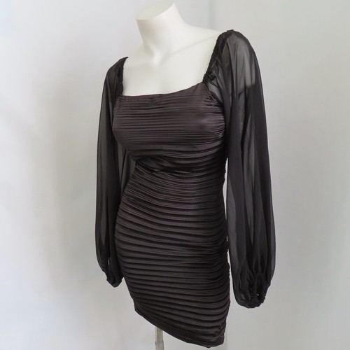 O Flux Dress Womens Small Black Satin Pleated Long Sleeve Short Wedding Party - Picture 4 of 24