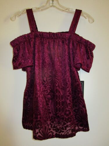 A. Byer Women's Short Sleeve Off the Shoulder Bordeaux Sheer Velvet Top Size S - Picture 2 of 13