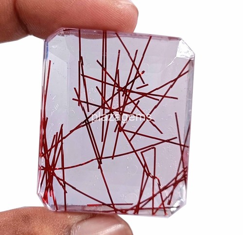 Red Rutilated Quartz 132 Ct Certified Emerald Cut Loose Gemstone 38x31mm 4SUO - Picture 6 of 7