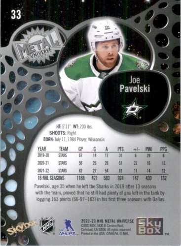 SkyBox Metal Universe Blue Spectrum FX 2022-23 Joe Pavelski Dallas Stars #33 - Imagen 2 de 2