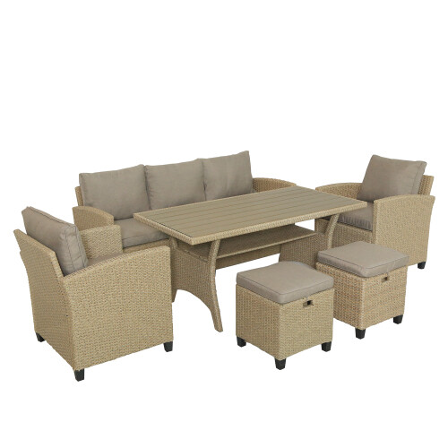 6-Piece Outdoor Rattan Wicker Set Patio Garden Sofa, Chair, Stools and Table - Picture 4 of 12