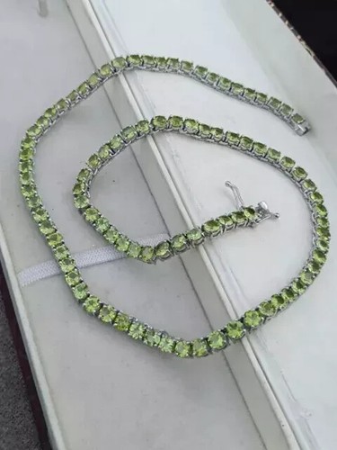 42.5 Ct Round Cut Lab Created Green Peridot 925 Silver Women Tennis Necklace 18" - Picture 4 of 8