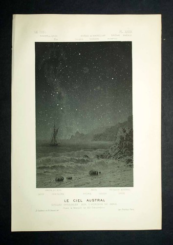Lithographie LE CIEL ÉTOILÉE AUSTRAL EN BORD de MER Tirage original de 1877 - Imagen 2 de 2