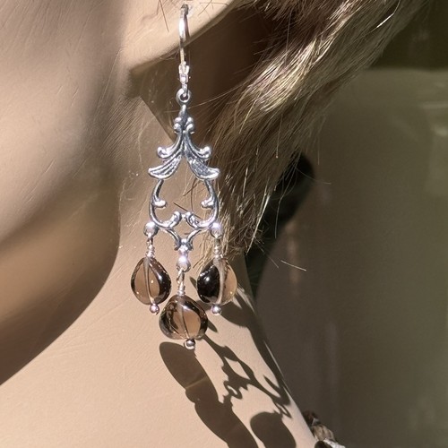 NATURAL SMOKY QUARTZ GEMSTONE CHOKER NECKLACE EARRING SET - Picture 11 of 12