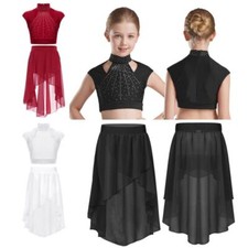 Girls 2Piece Lyrical Dance Costume Crop Top Mesh Tulle Leotard Skirt Dancewear