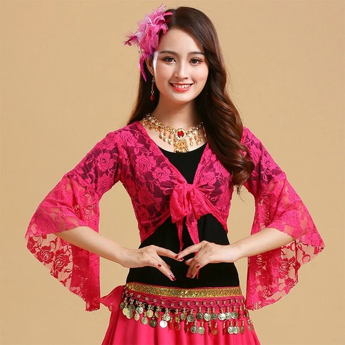 Damen Bauchtanz Top Schal kurz Spitze Langarm Schnürshirt Cover Up