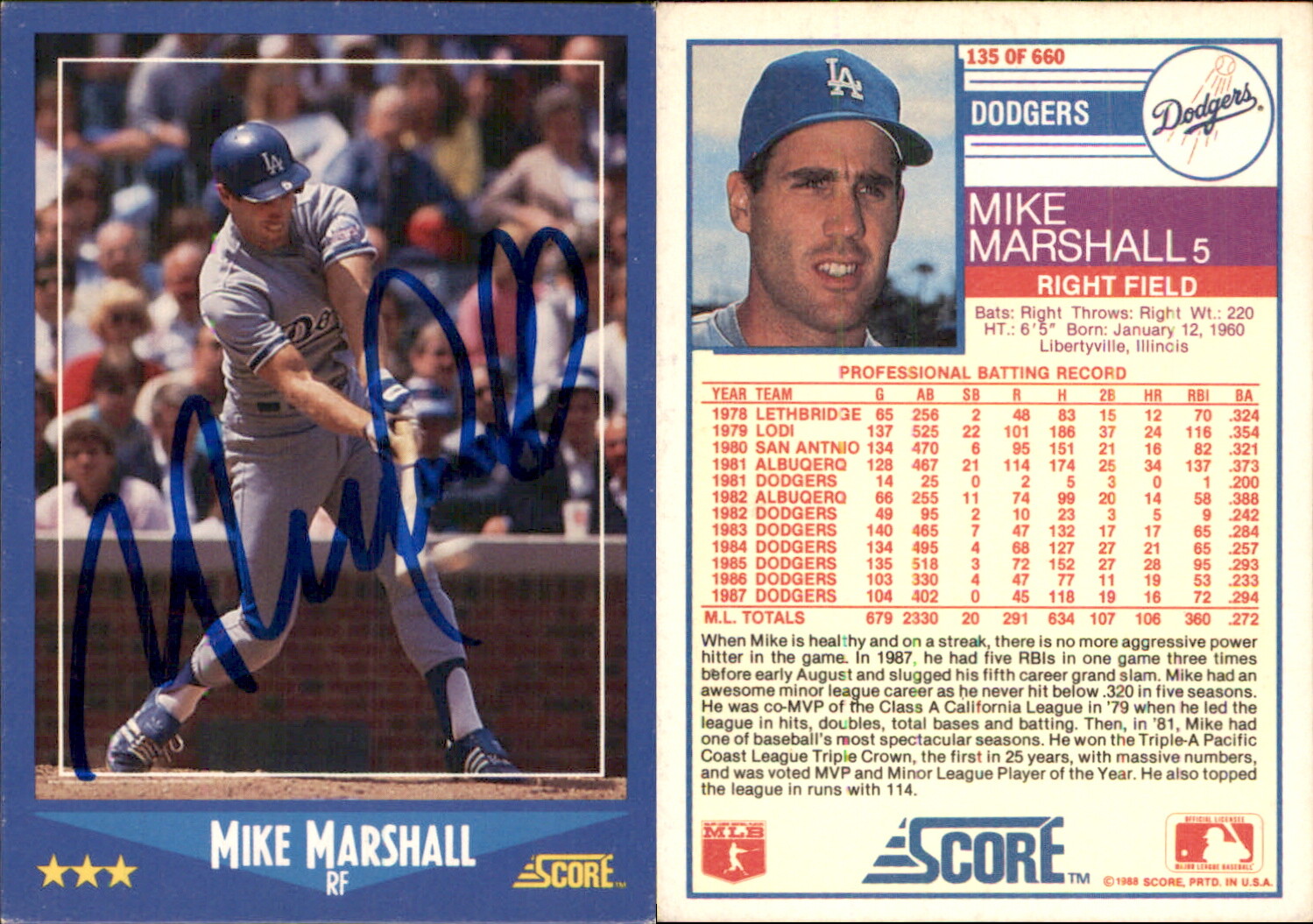 Mike Marshall Signed 1988 Score #135 Card Los Angeles Dodgers Auto AU