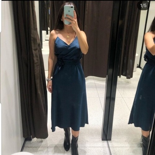 NEW ZARA Camisole dress RHINESTONE Straps Zara Green Silky Size XS #7210B - Picture 4 of 9