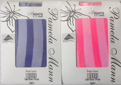 pamela mann solid sheer stripe tights in flo pink and purple,onesize 36-42 hip.