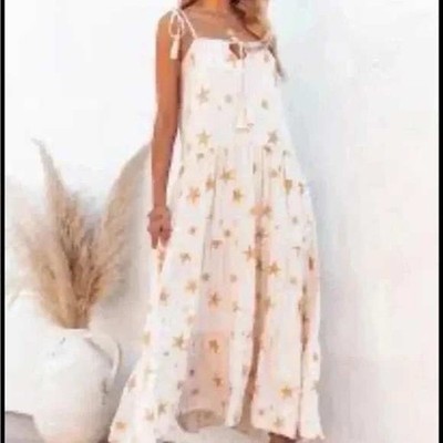 Storia Star Print Maxi Dress Cream Yellow Tassel Tie Shoulder Smocked Tiered M