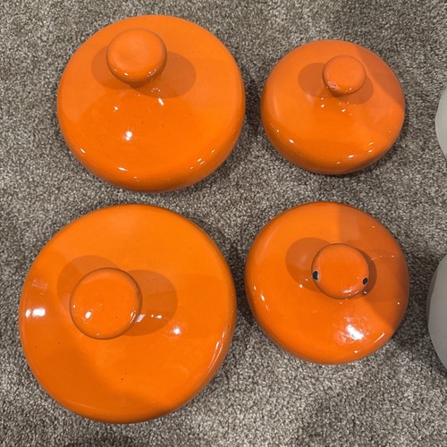 Vintage MCM Mushroom Lid Ceramic Canisters Flour Sugar Coffee & Tea Set Orange - Picture 6 of 14