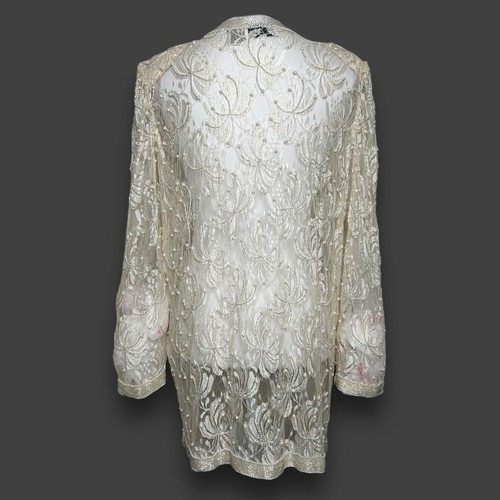 Vintage Beaded Ivory Lace Jacket M Sheer Retro 20s Art Deco Kimono Scala - Picture 5 of 11