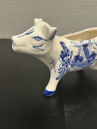 Blue Ceramic Cow Creamer Pitcher Hand Painted Holland Windmill Flowers 6" - Picture 2 of 11