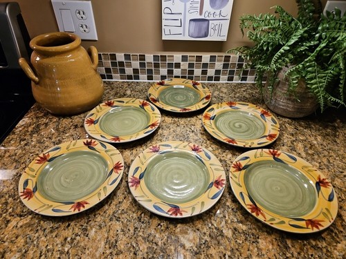 6 Pier 1 Elizabeth 8” Salad Plate Set Red Floral Handpainted Stoneware Dishes - Picture 1 of 13