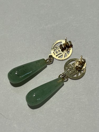 Wunderschöne massive 14K Gelbgold grüne Jade Träne Ohrhänger ZZ - Bild 4 von 5
