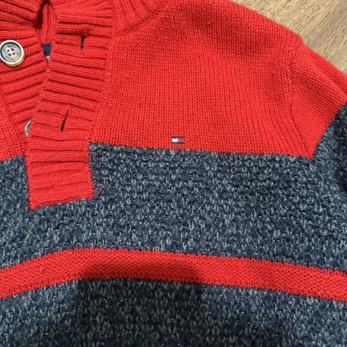 Tommy Hilfiger Sweater Red Gray Blue 1/4 Button Pullover Boy Size 12/14 Medium - Picture 2 of 5