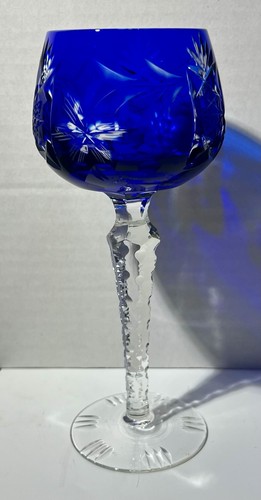 Lausitzer Crystal Bohemian Cut to Clear blue Wine Hock, Germany 7 1/2” Tall - Picture 1 of 4