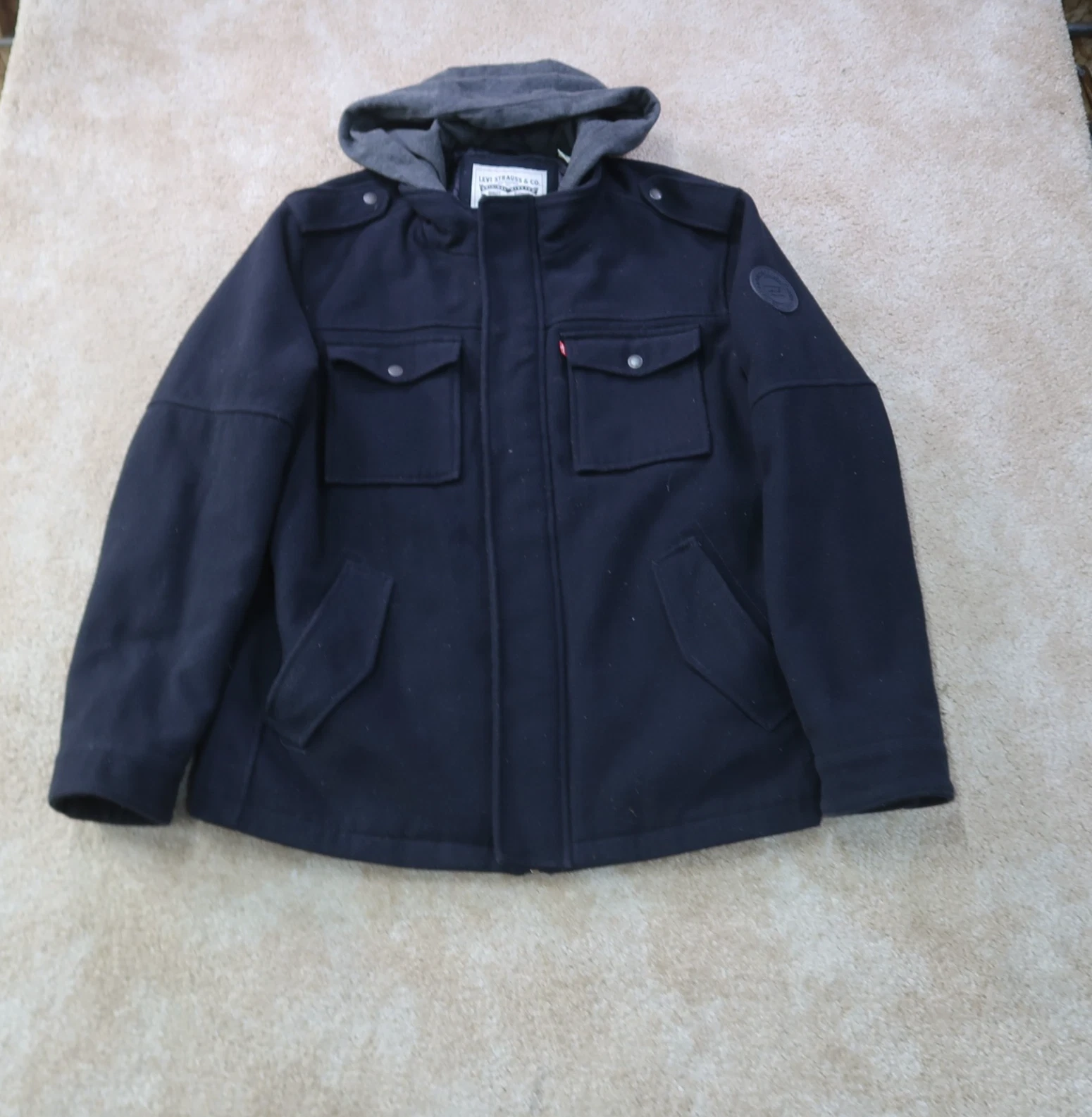 Levi's Full Zip pea coat Men's XLarge Black hooded Jacket insulated