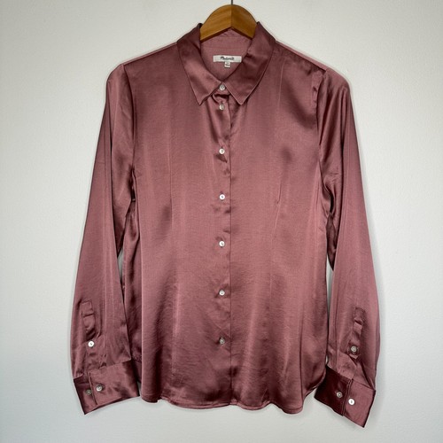 Madewell Darted Button up Shirt Womens Size 10 Pink Woodrose Satin Holiday Party - Picture 1 of 10