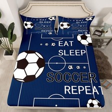Soccer Fitted Sheet Twin Size Football Bedding Set Boys Girls Eat Sleep Bed S...