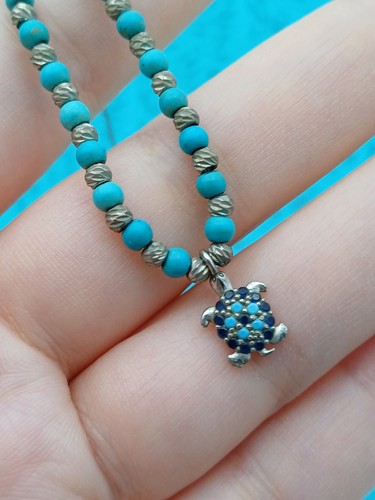 Elegant Silver Tone & Turquoise Beaded Rhinestone Turtle Pendant Chain Necklace - Picture 6 of 15