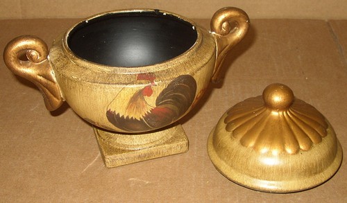 Round Ceramic Porcelain Lidded Scroll Handle Gilded Rooster Chicken Urn Jar EXC - Picture 7 of 8
