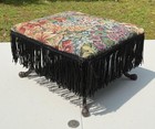 Vintage Fringed Floral Tapestry Unique Cast Iron Hook Feet Foot Stool Foot Rest