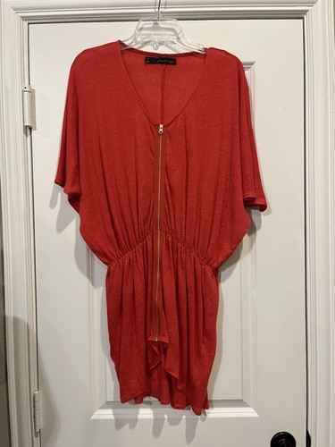 NWOT-“PATTERSON J KINCAID” 100% LINEN RED OVERSIZED TUNIC TOP WITH GOLD ZIPPER – - Picture 7 of 9