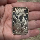 Vintage 1984 Crown Mint Happy Easter Bunny Painting Eggs 1 Ounce Silver Bar