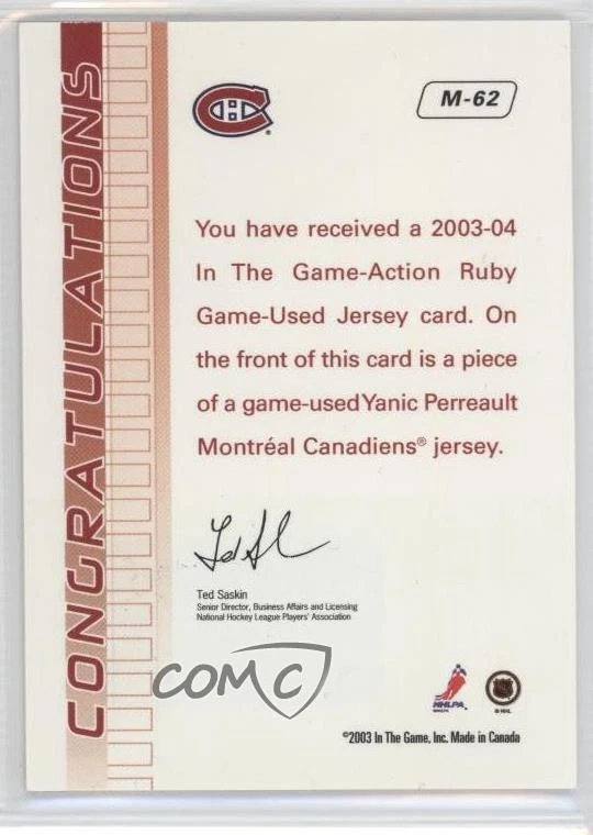 2003-04 ITG Action Game-Used Jerseys Ruby /500 Yanic Perreault #M-62 - Image 2 of 2