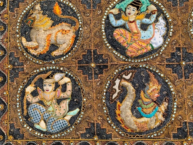 Antiguo tapiz indio bordado a mano religiones decoración colgante de pared 130x90 cm Foto 4 de 4