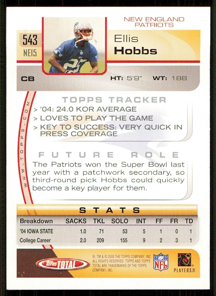 2005 Topps Total Silver #543 Ellis Hobbs - Image 2 of 2