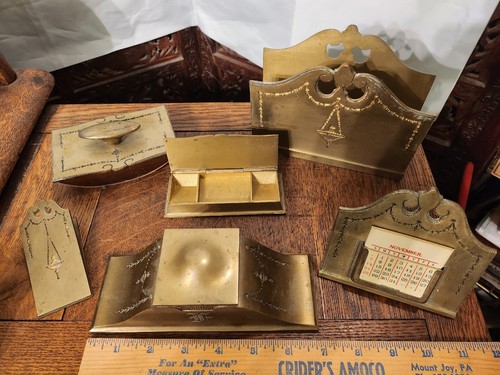 Antique 6 Piece Bradley & Hubbard Mfg. Co Art Deco Green Brass Desk Set COMPLETE - Picture 4 of 11