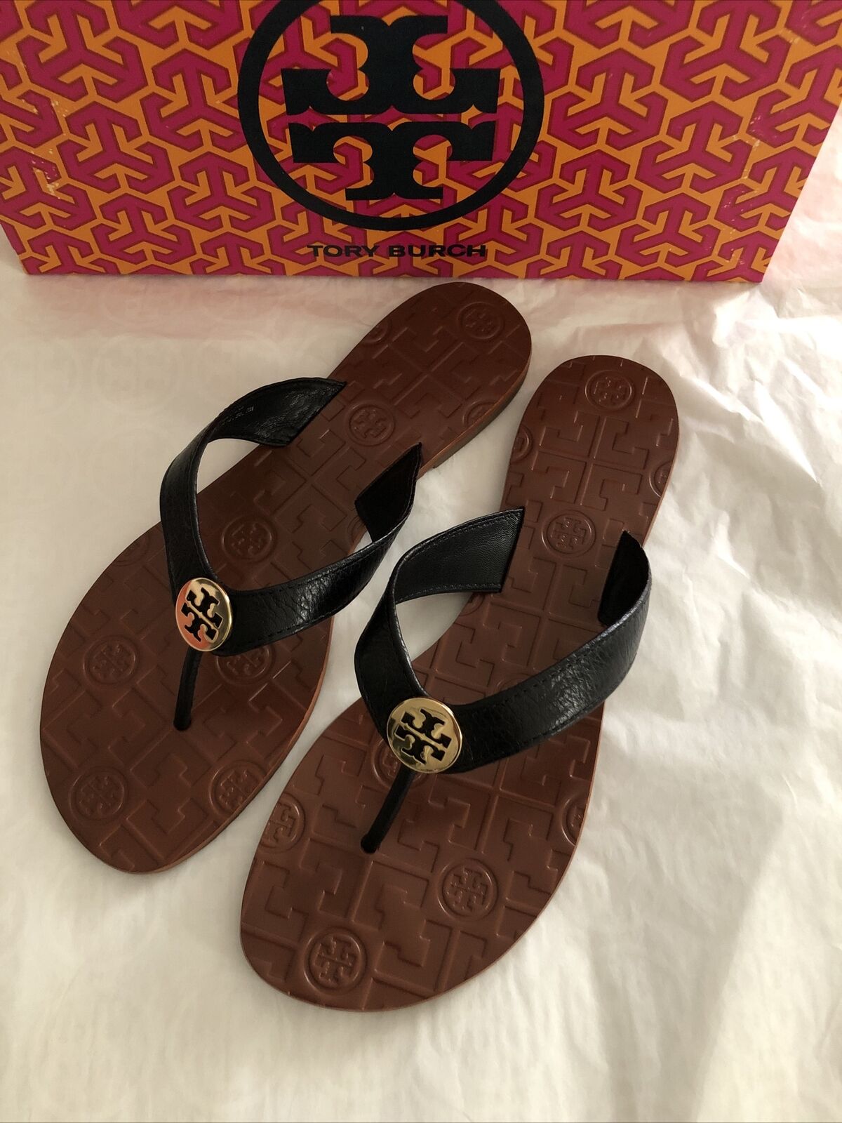 TORY BURCH Thora Embossed Sandal Black GOLD LOGO LEATHER Flip Flop Size 7  New | eBay