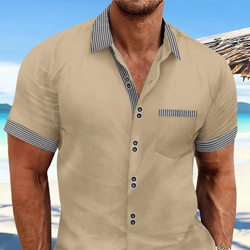 Mens Striped Summer Short Sleeve Shirts Beach Casual Work Buttons T Shirt Tops - Picture 8 of 19