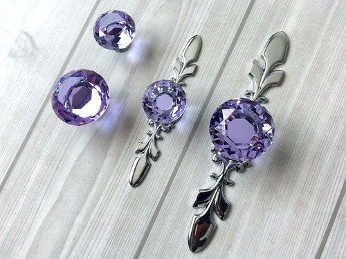 Luxury Diamond purple Crystal Drawer Knob Handle Glass Dresser Silver Pulls - Picture 10 of 15