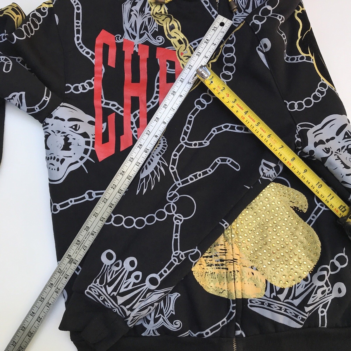 ★送料無料★豹✨CHRISTIAN AUDIGIER　ブラックパンサー パーカー Christian Audigier Men M Black Gold Rhinestone Panther
