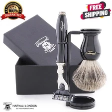 3 Pcs Shaving Gift Kit 3 Edge Razor Super Badger Shaving Brush Stand Black