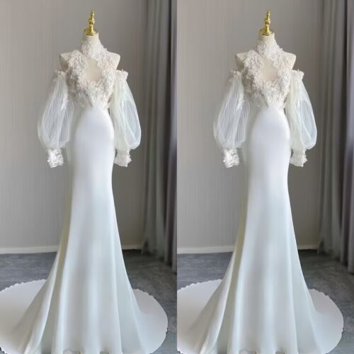 Satin Wedding Dresses Mermaid Long Sleeves Beach White Ivory Bridal Gowns=-= - Picture 3 of 13